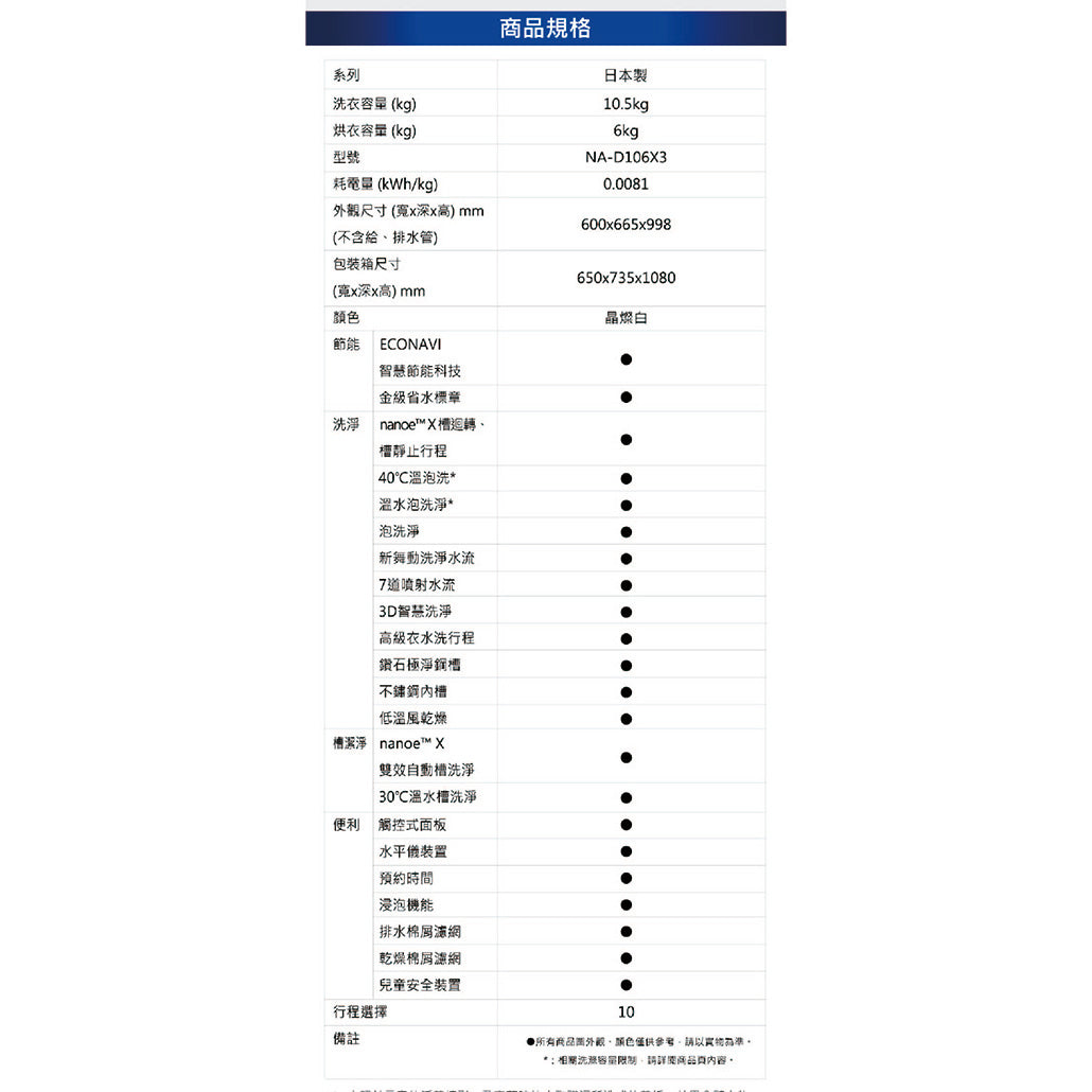 Panasonic 國際牌｜NA-D106X3 10.5公斤日本製溫水洗脫烘變頻滾筒洗衣機