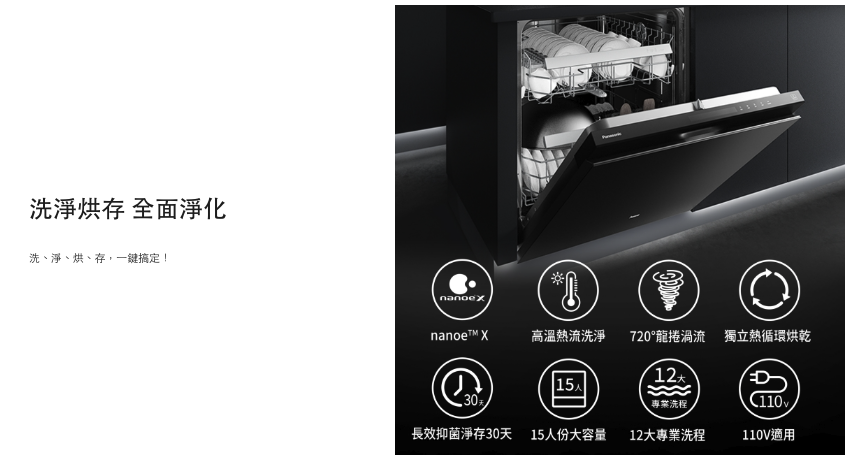 Panasonic國際牌｜嵌入式自動洗碗機110V(不含門板)NP-BXW1M6-1H