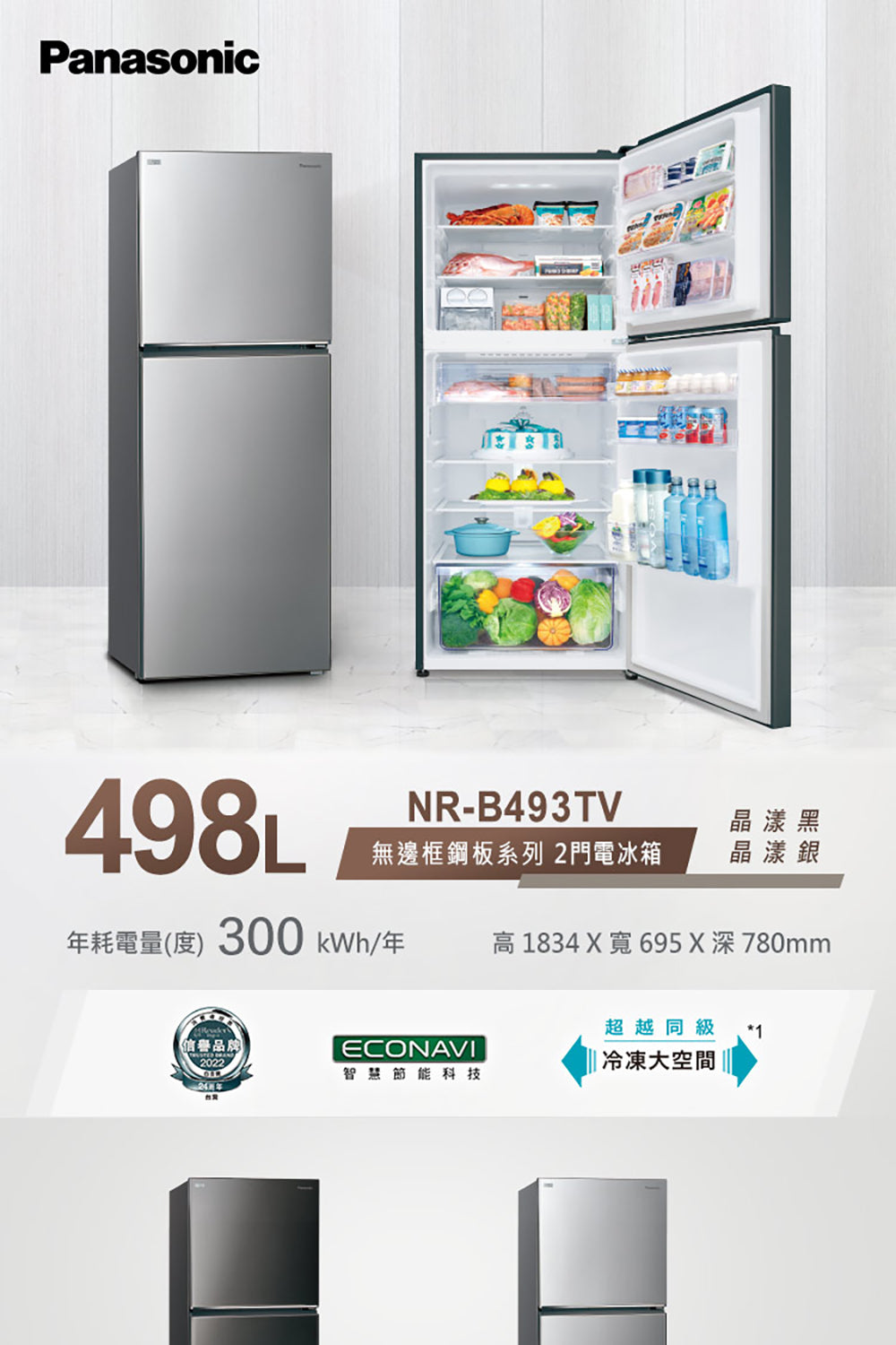 Panasonic 國際牌｜NR-B493TV 498L一級能效變頻鋼板雙門冰箱(晶漾黑/晶漾銀)