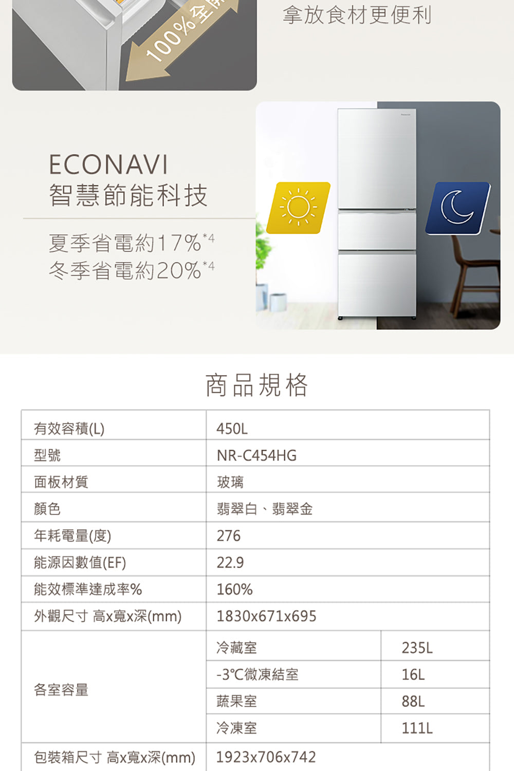 Panasonic 國際牌｜NR-C454HG 450L新一級能效三門玻璃門變頻冰箱(翡翠白/翡翠金)