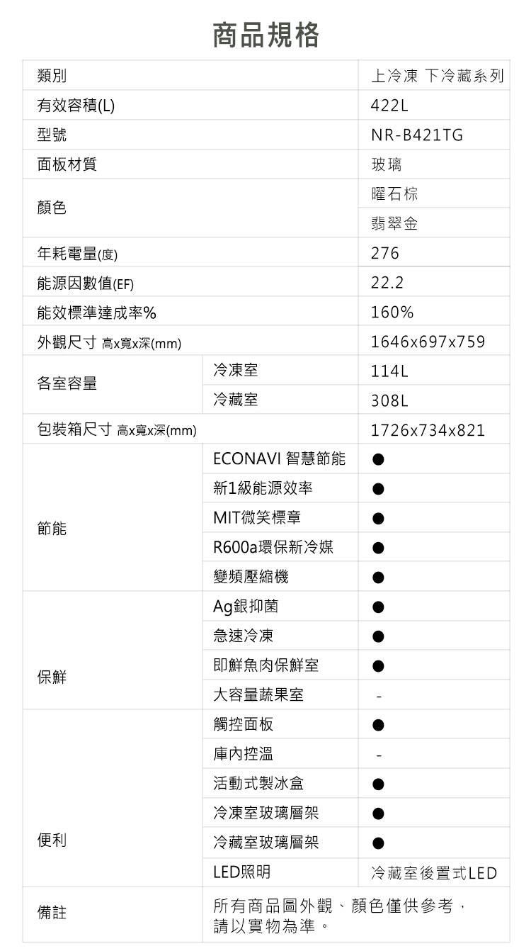 Panasonic 國際牌｜NR-B421TG 422L新一級節能雙門玻璃變頻冰箱(曜石棕/翡翠金)